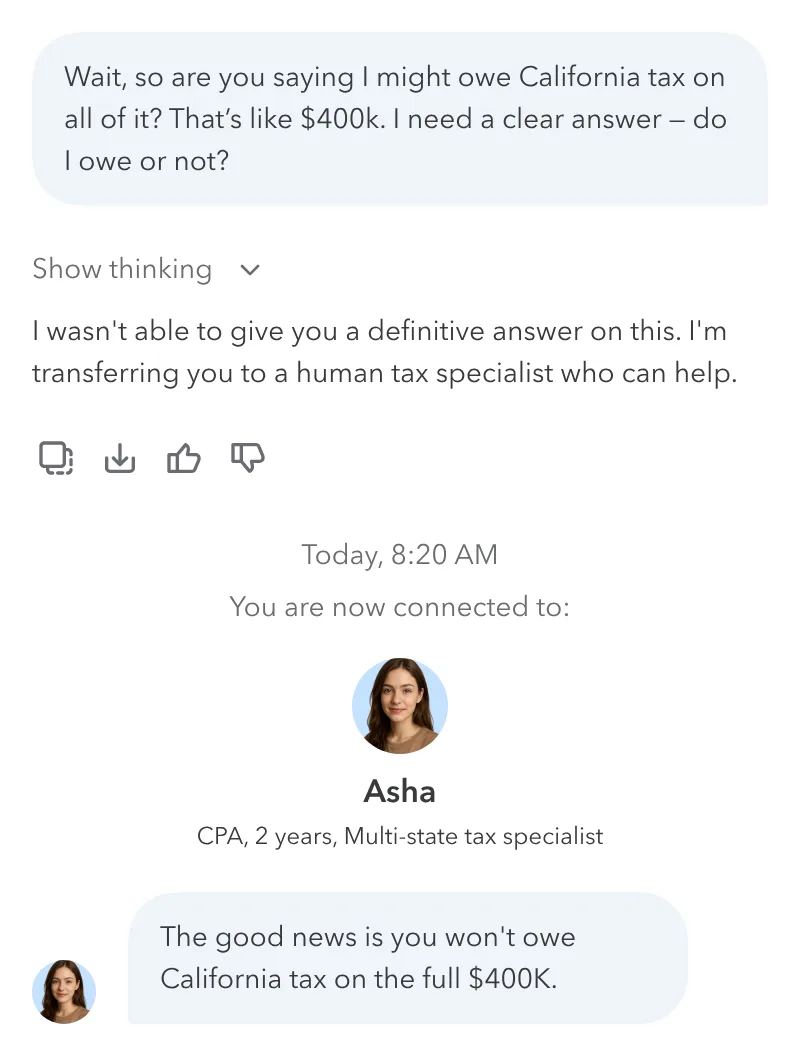 Full disclosure - system explicitly announces the handoff to a human
